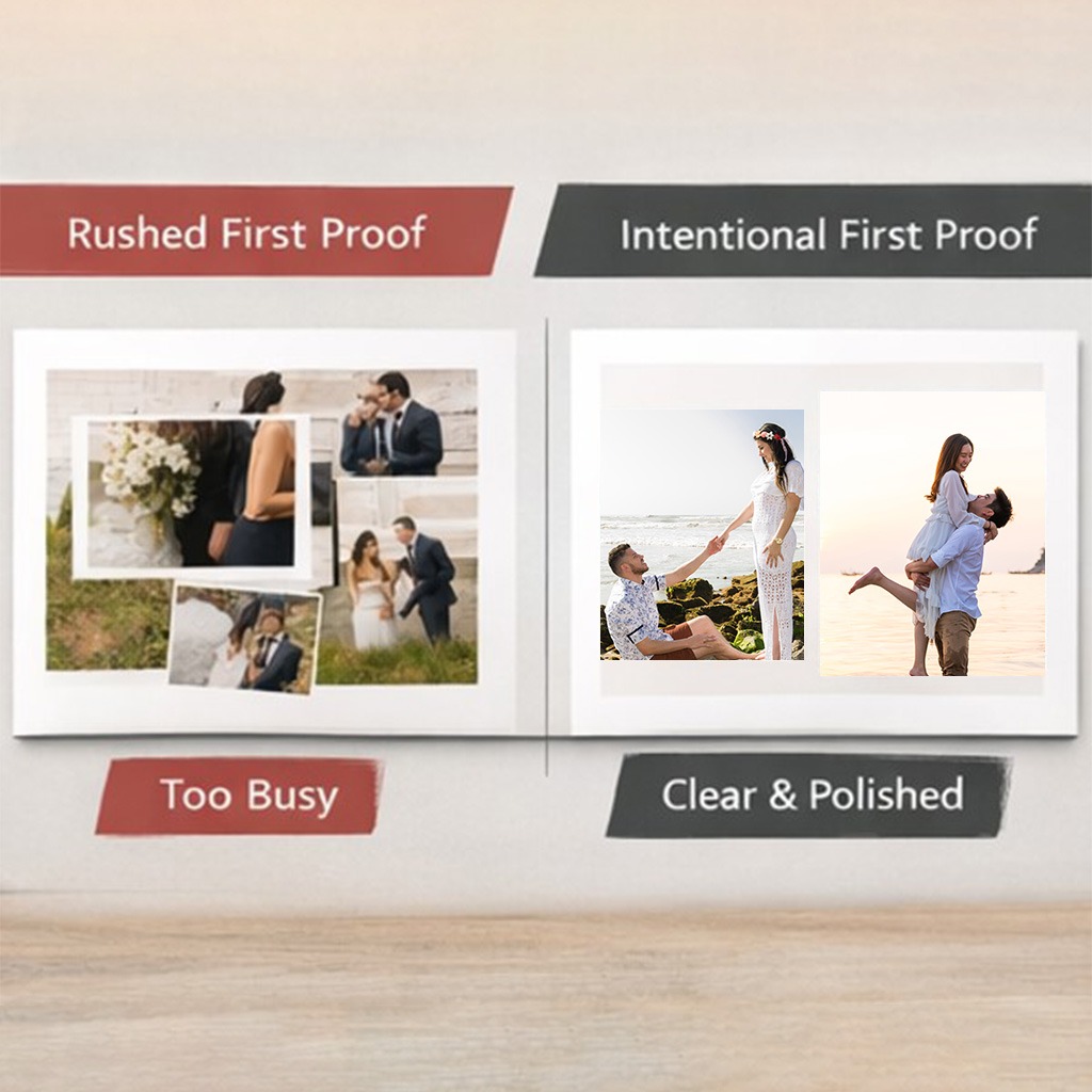 Comparison of rushed vs intentional first proof to avoid album printing mistakes