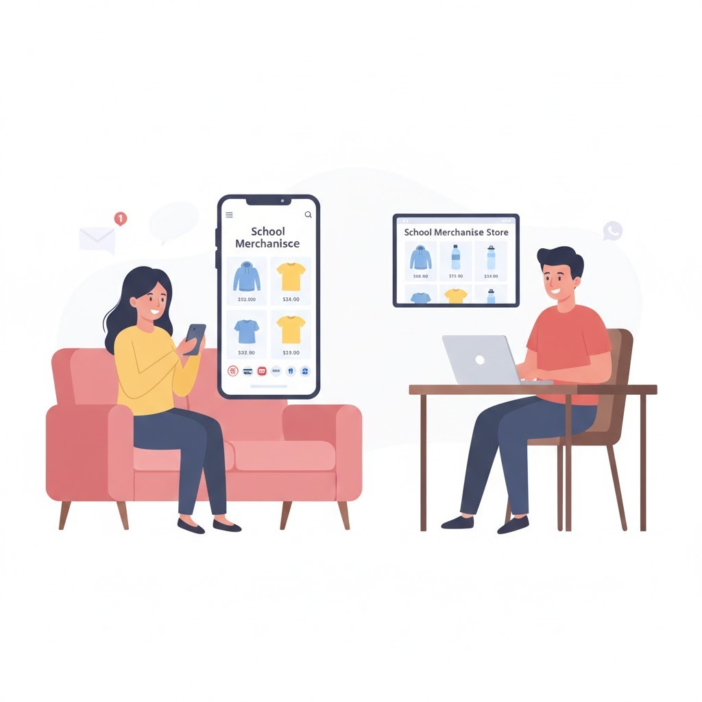 School merchandise sales platform allowing parents to shop school spirit wear online from home