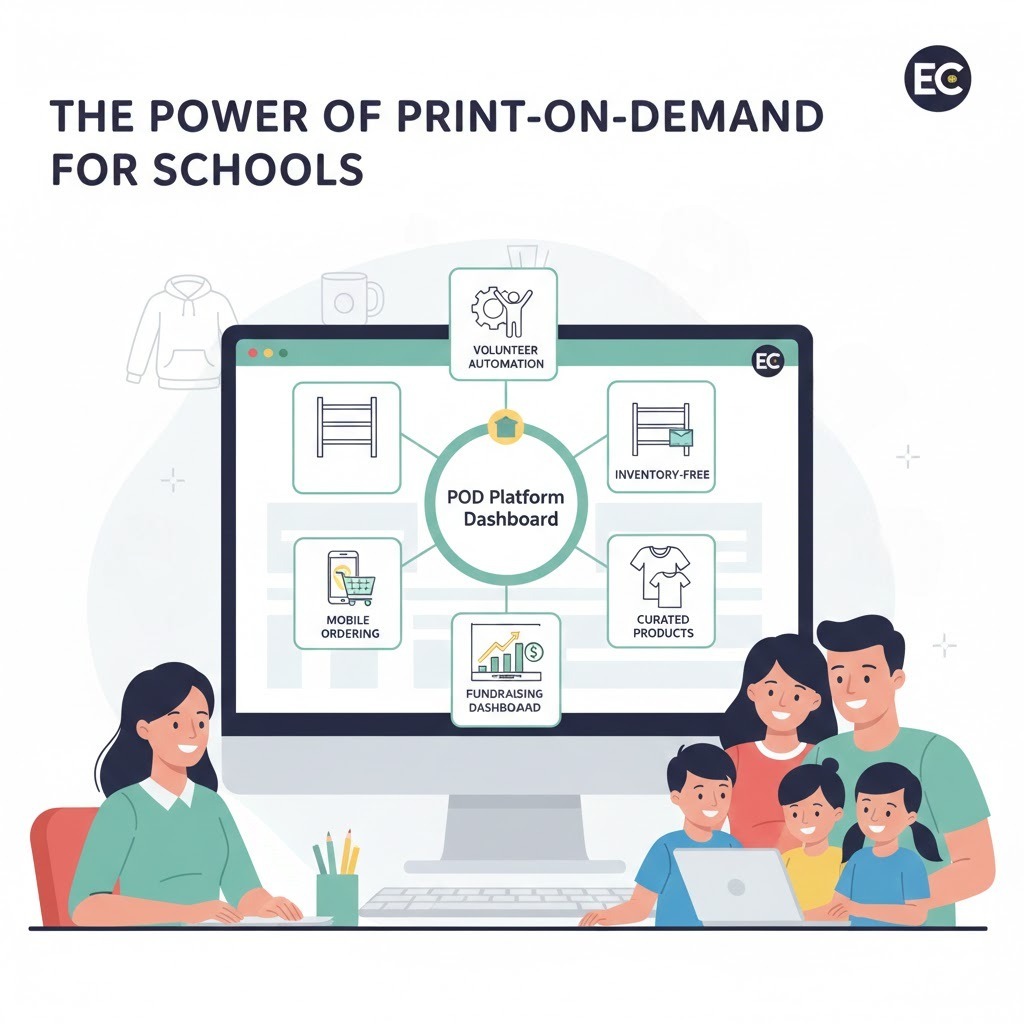 Print-on-demand school merchandise program enabling inventory-free school fundraising merchandise