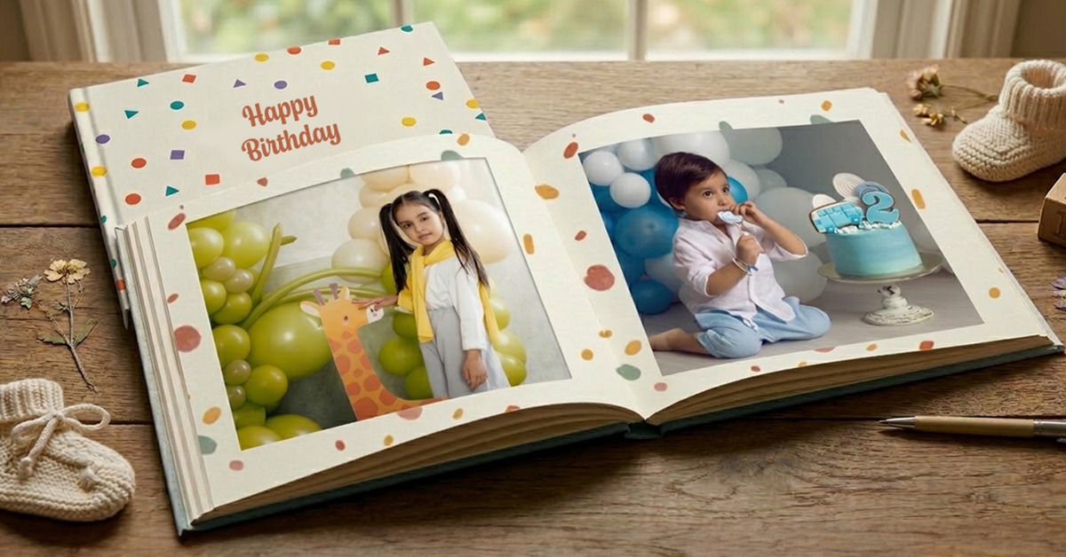 Baby birthday photo book open on a table showing twelve monthly milestone photos from the first year of life