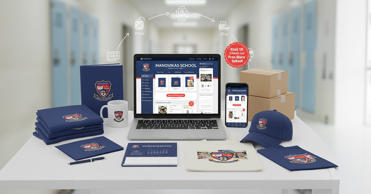 School team merch set with hoodie, cap, mug and online school store on laptop and phone with delivery boxes