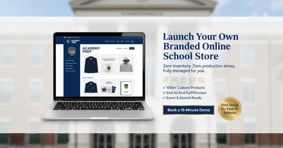 Launch branded online school store on laptop with merch catalog and demo CTA