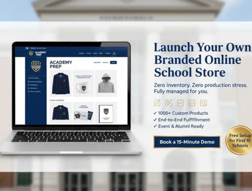 Launch branded online school store on laptop with merch catalog and demo CTA