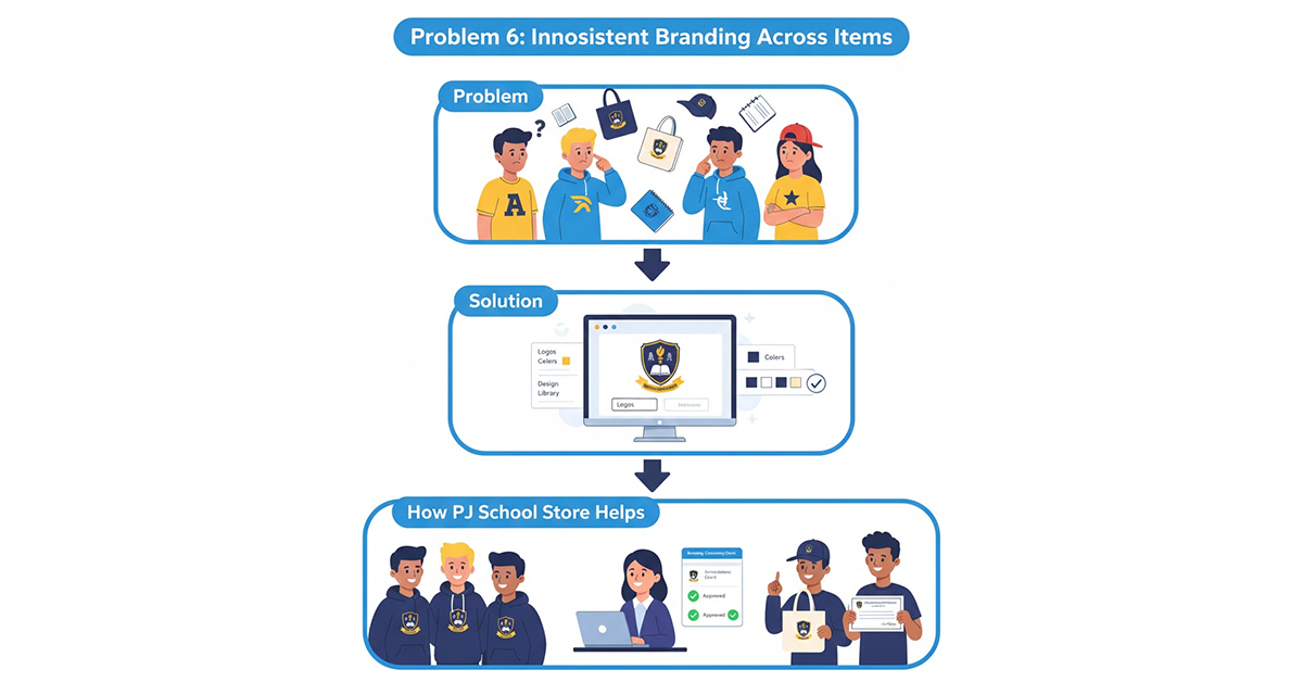 Alt text- Consistent school branding across team merch using centralized logo and color control