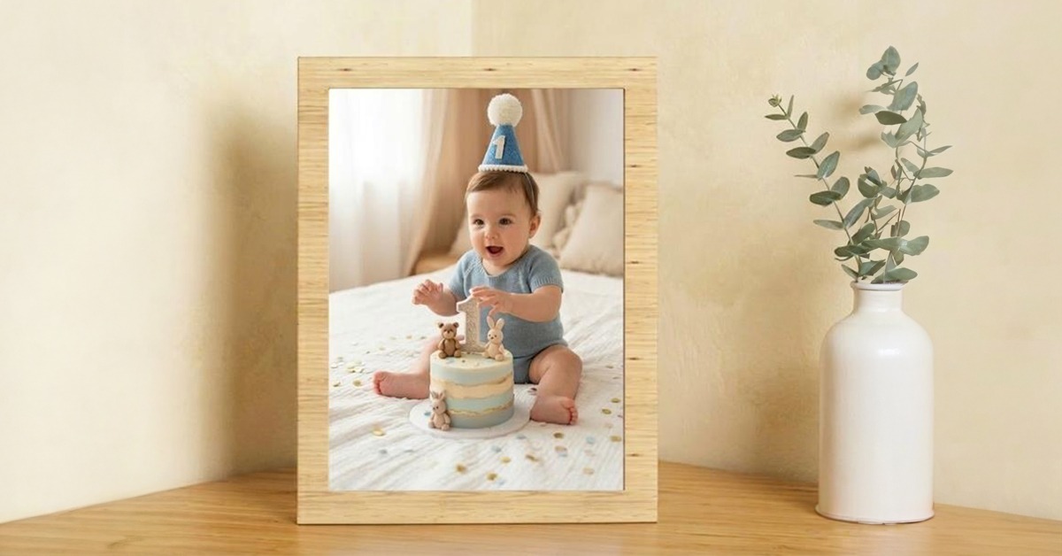 classic table frame with baby photo for first birthday party decoration setup