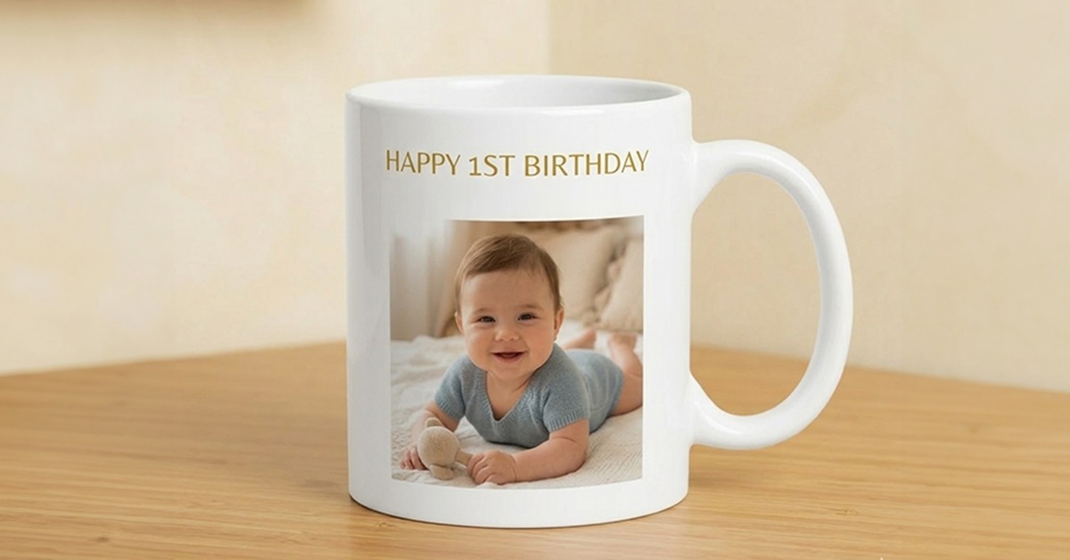 personalized mug with baby photo as first birthday keepsake gift for family