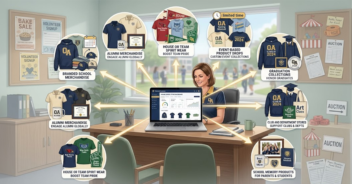 Custom school merch store with hoodies and mugs, one of the best fundraising ideas for schools