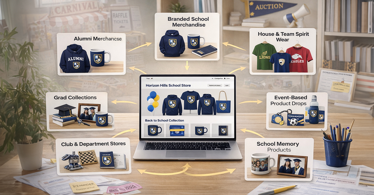 Branded school products display for private school fundraising ideas and high school fundraising ideas