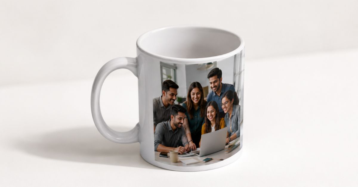 Personalized photo mug with team branding for corporate gifting India 