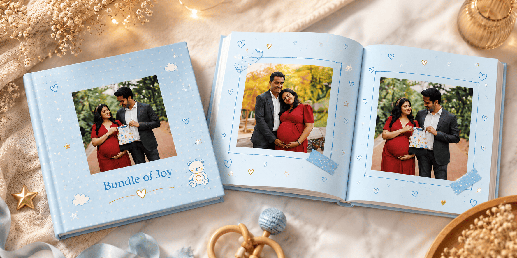 Photojaanic Hardcover Photo Book with rigid hardbound cover and lustre silk paper pages, displayed upright on a wooden shelf as a premium custom photo album India