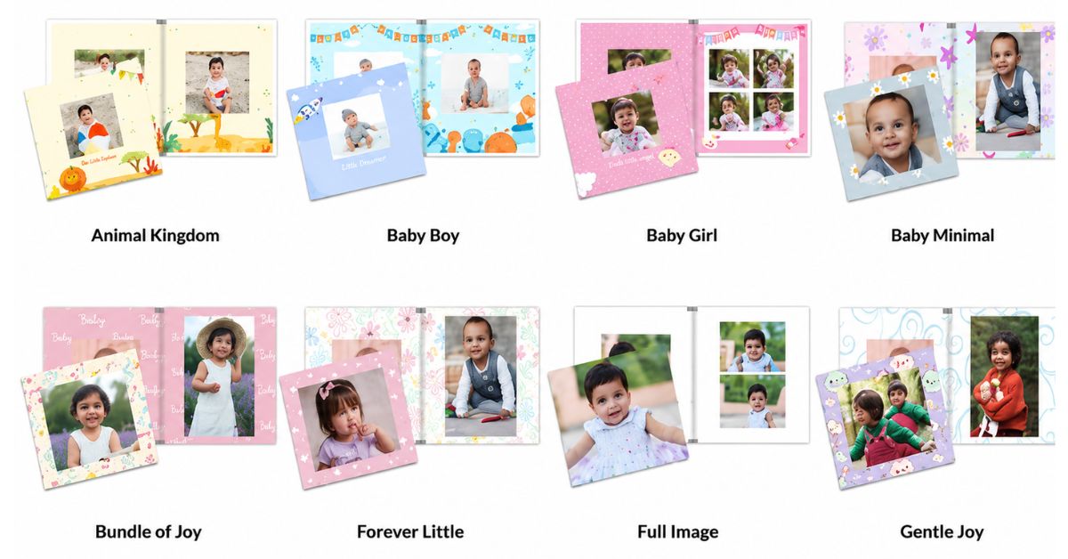  Baby photobook theme ideas including baby boy, baby girl, dreamy clouds, and custom designs