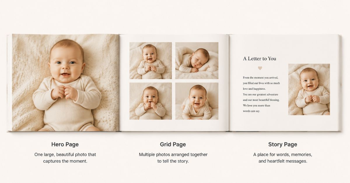 Baby photobook layout design featuring hero pages, grid layouts, and storytelling spreads