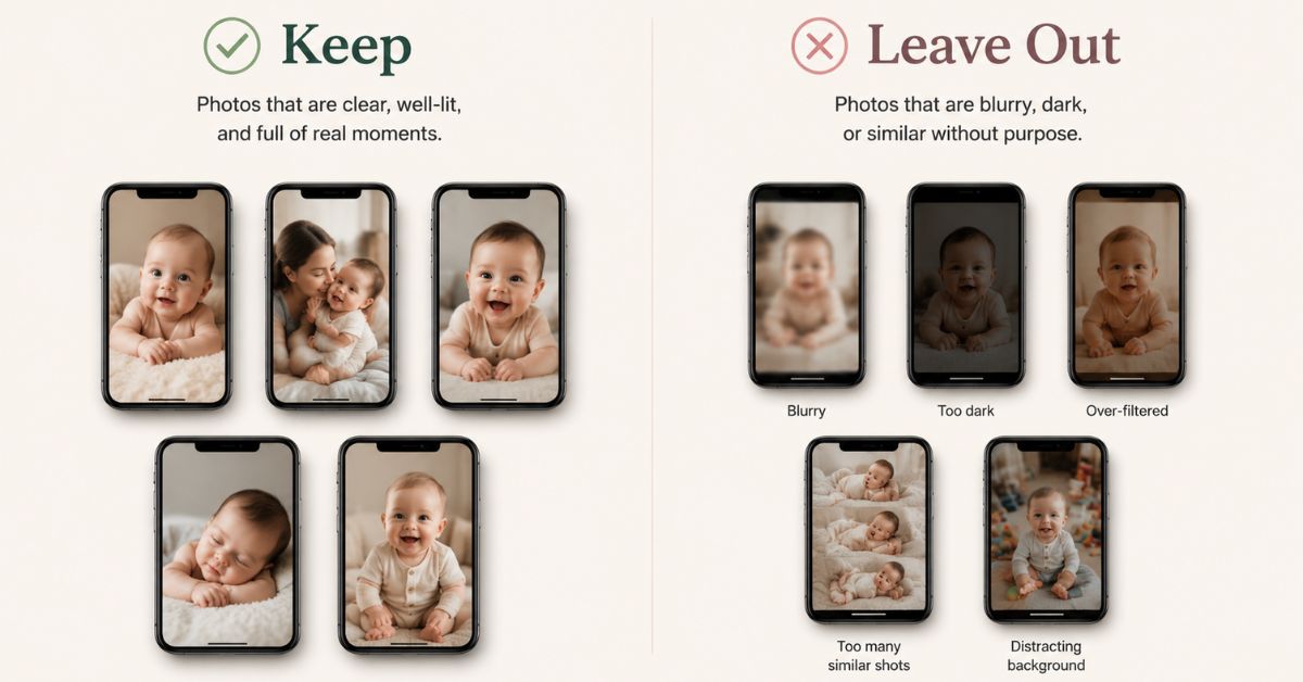  Selecting milestone photos for a baby's first-year photobook and memory album 