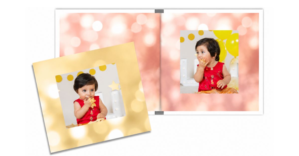 Birthday Bash theme photobook — bold vibrant layouts for large birthday party photo albums 