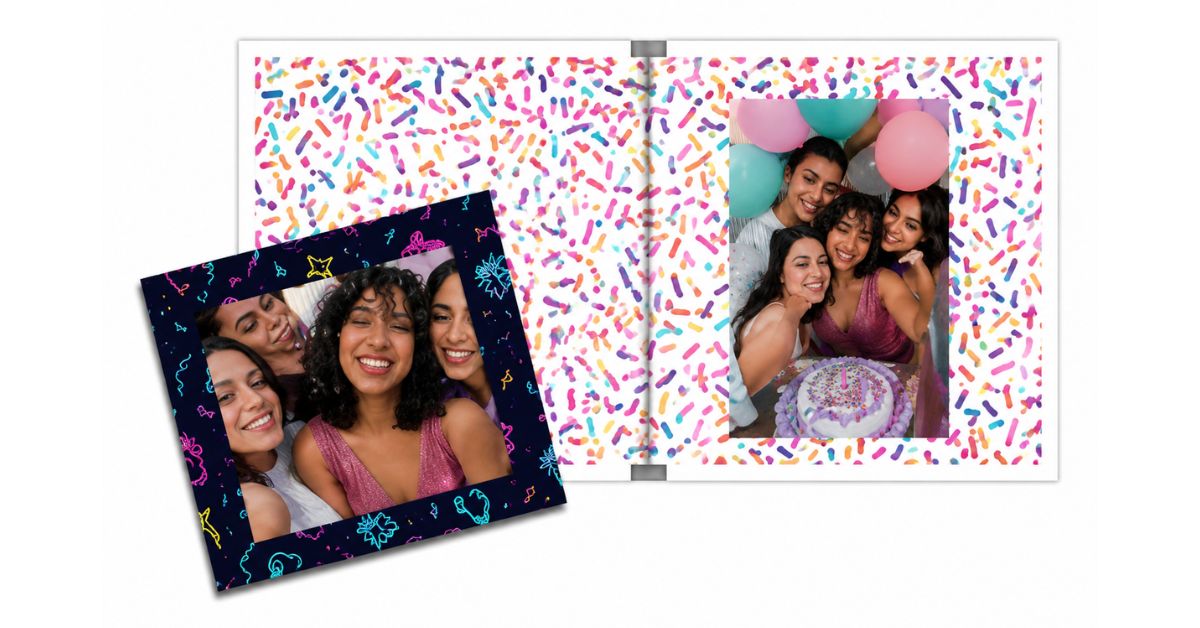Party Pop birthday photobook theme — confetti and colourful birthday party photo album layouts 