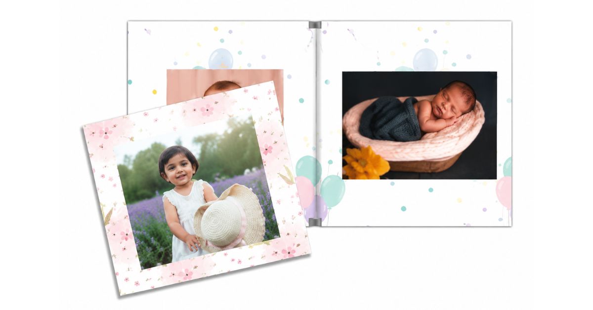 Tiny Celebrations first birthday photo album — warm baby milestone photobook theme India 