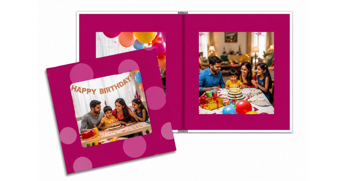 Minimal Magic birthday photo album theme — clean modern editorial birthday photobook design 