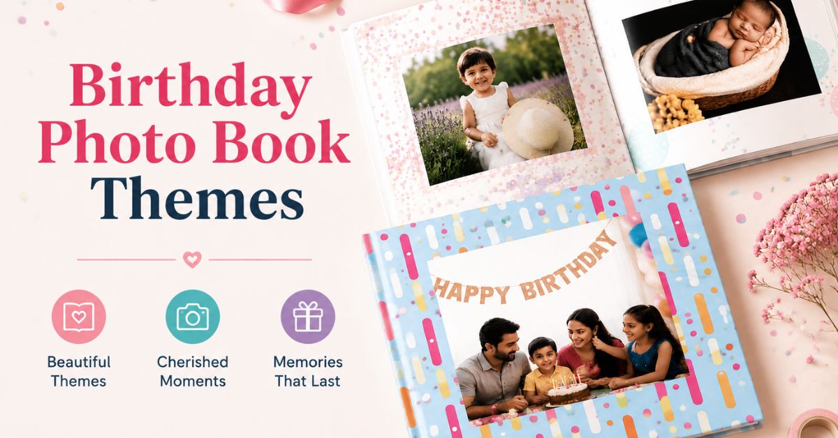 Custom birthday photo book with vibrant party photos — personalised birthday photo album online India