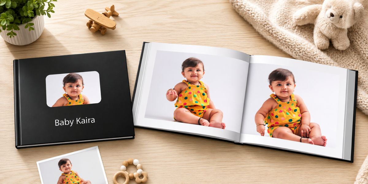 Photojaanic Leather Photobook closed showing handcrafted dark faux leather cover with personalised cameo window inlay featuring a couple's photo and custom name text