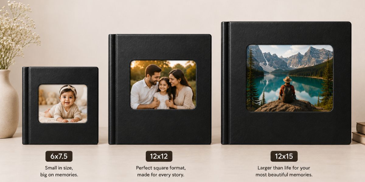  Detail shot of a Photojaanic Leather Photobook cameo window showing a personalised photo inlay with the text "25 Years Together" for a silver wedding anniversary album India