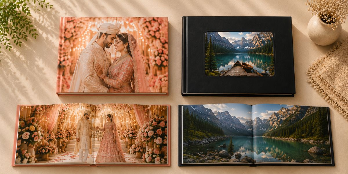 Side-by-side comparison of Photojaanic Layflat Photobook with imagewrap cover and Leather Photobook with faux leather cameo window cover, both premium photo albums, India 2026