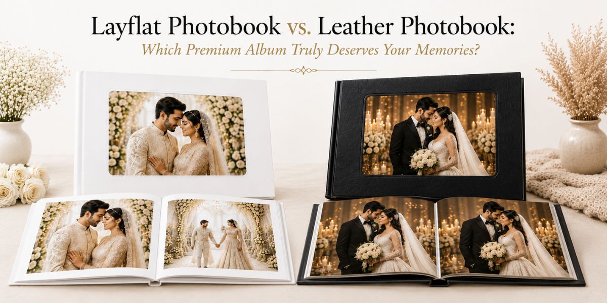 Comparison of Photojaanic Layflat Photobook Premium Art paper finishes – Matte, Velvet, and Gloss – showing texture differences India