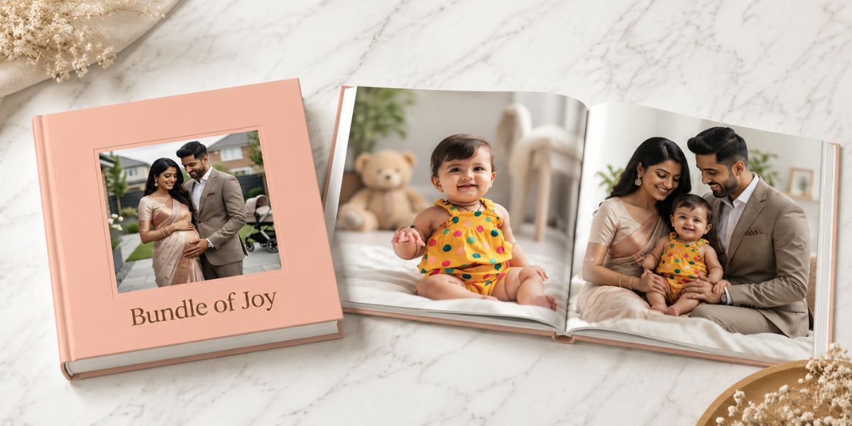 Photojaanic Layflat Photobook open to a seamless double-page wedding spread with no centre fold gap, shown on a wooden table