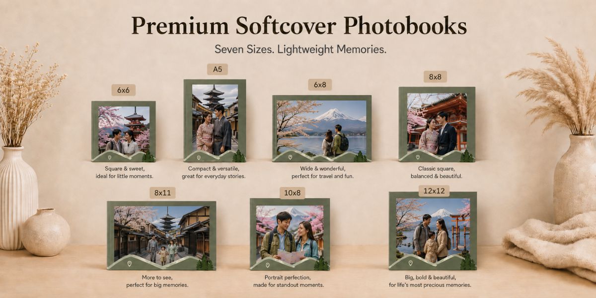  Photojaanic Softcover Photo Book opened to Travel Tales theme showing vibrant holiday travel photos across a double-page spread, lightweight personalised photo book India