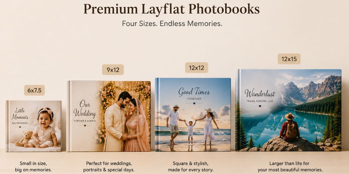 Premium wedding photobook open to a panoramic layflat double-page spread showing couple at a beautifully decorated Indian wedding ceremony venue, Photojaanic India