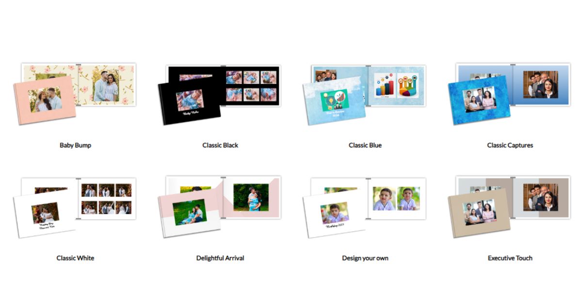 Photojaanic Layflat Photobook open showing the Twinkle Tales baby milestone theme with soft pastel baby photos across a seamless double-page spread