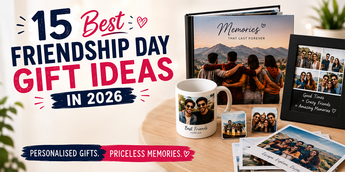 Best Friendship Day gift ideas in 2026 featuring personalised photo books, mugs, frames, magnets and photo prints