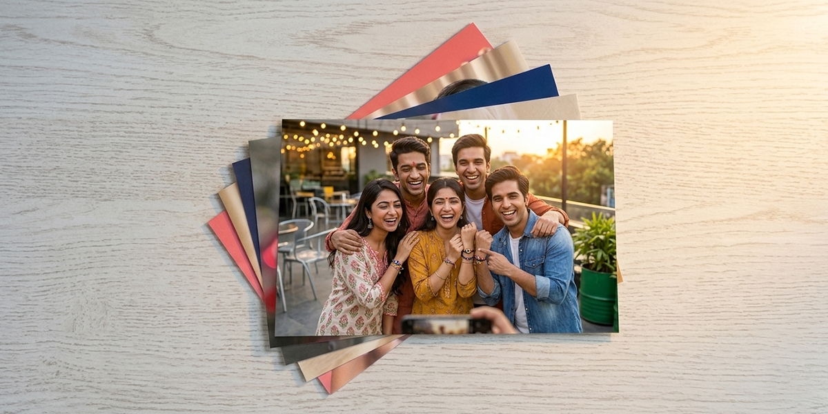 Personalised photo prints featuring a cheerful group of friends