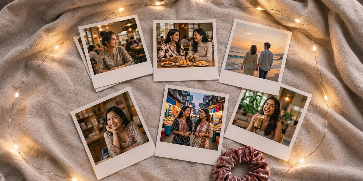 Retro-style friendship photo prints arranged with warm fairy lights