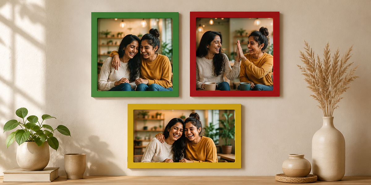 Colourful personalised photo frames featuring two best friends