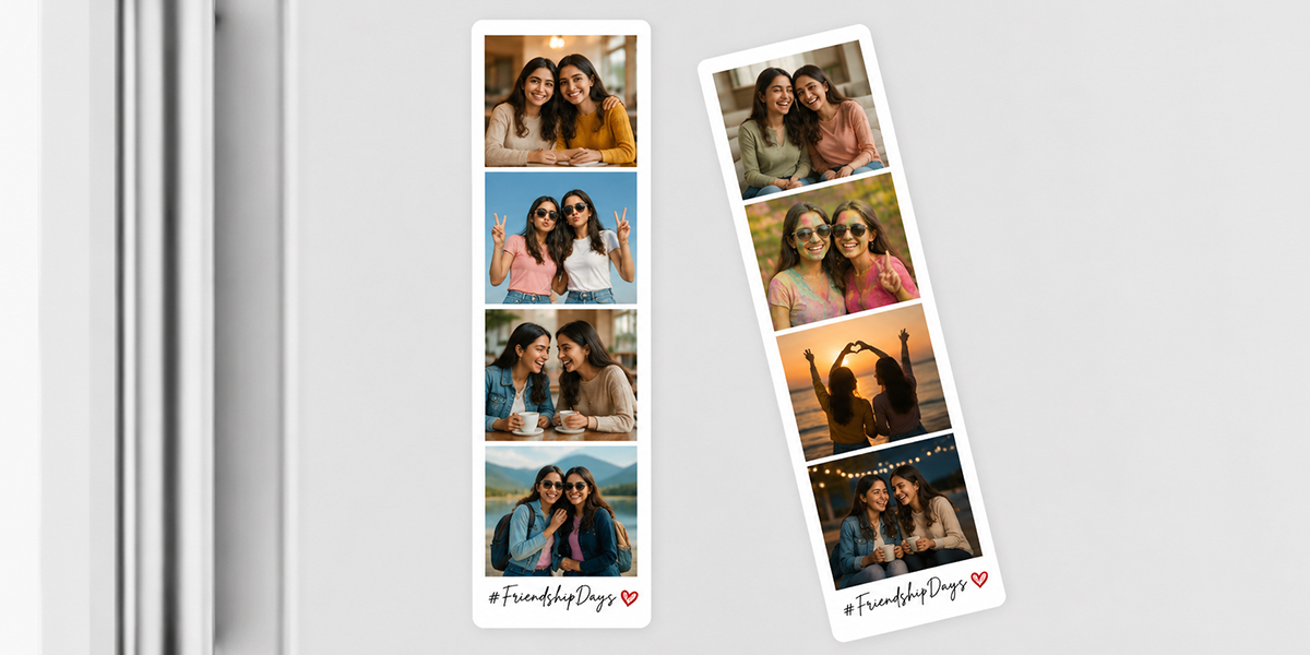 Personalised friendship photo booth strips featuring fun moments between best friends