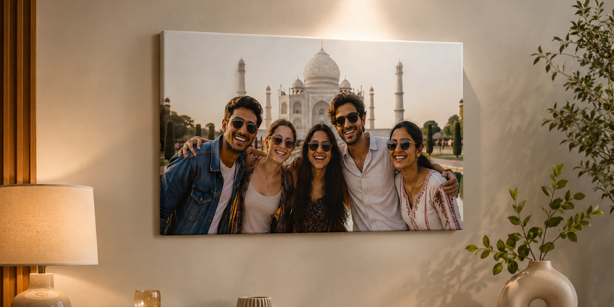 Custom friendship canvas print featuring a group of friends at the Taj Mahal