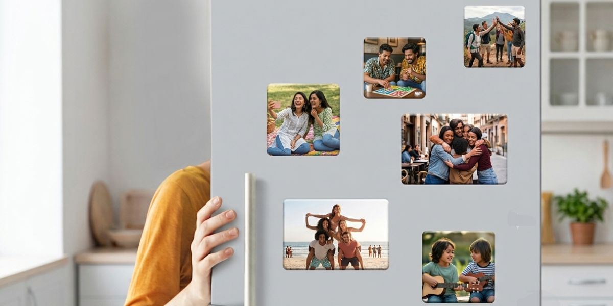 Personalised friendship photo magnets displayed on a refrigerator