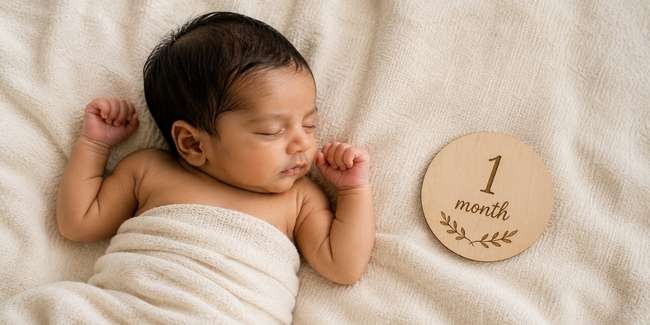 1 month baby photo idea with tiny hands and feet