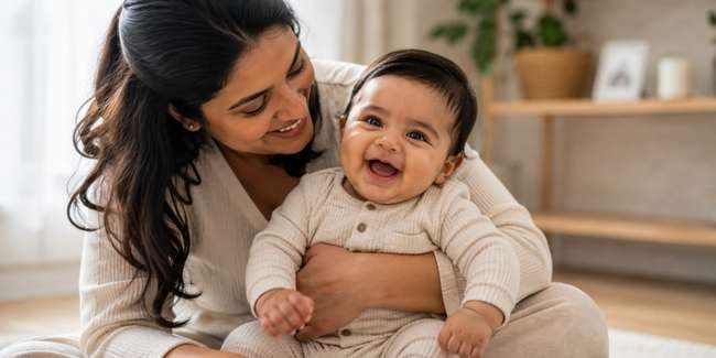 7 month old baby with parent in a home portrait