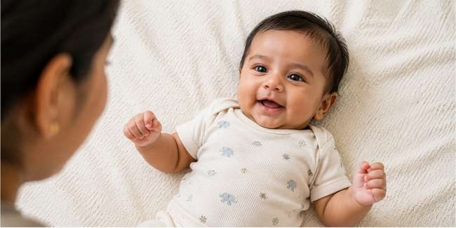 2 month old baby smiling during a home photoshoot