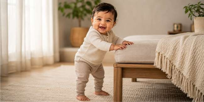 10 month old baby standing with support at home