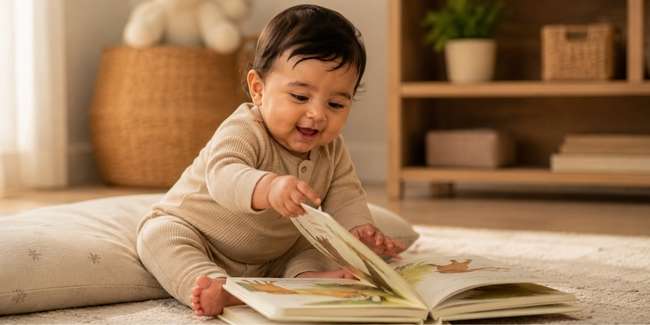 11 month old baby reading a board book at home