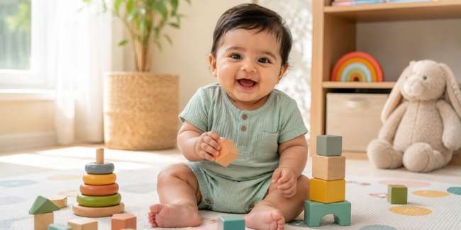 6 month old baby sitting and playing with stacking blocks