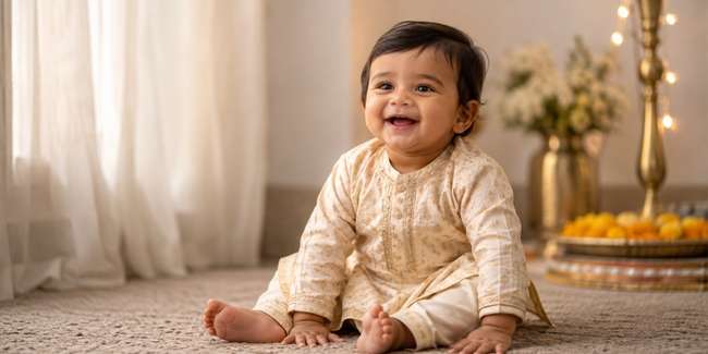 9 month old baby in traditional outfit for a festive photoshoot