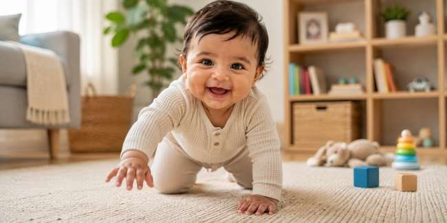 8 month old baby crawling during a home photoshoot