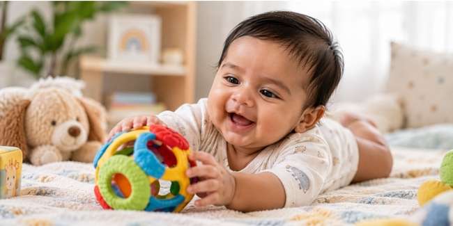 5 month old baby playing with a favourite toy