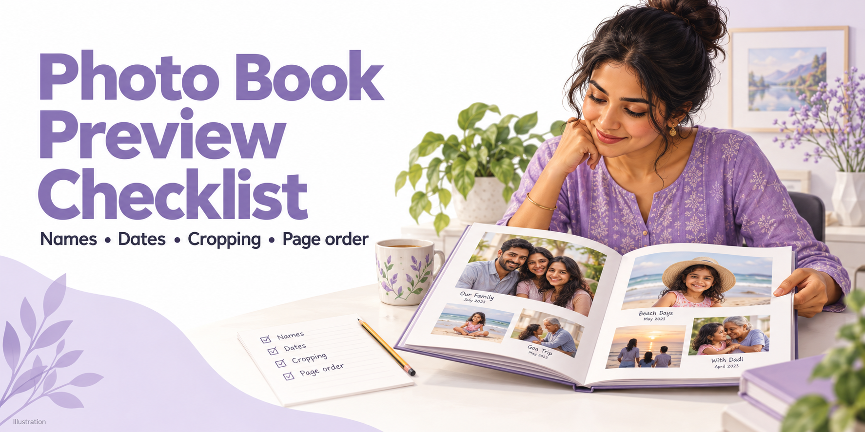 Birthday photo book showing decorations, guests arriving, cake celebrations and a final family photograph.