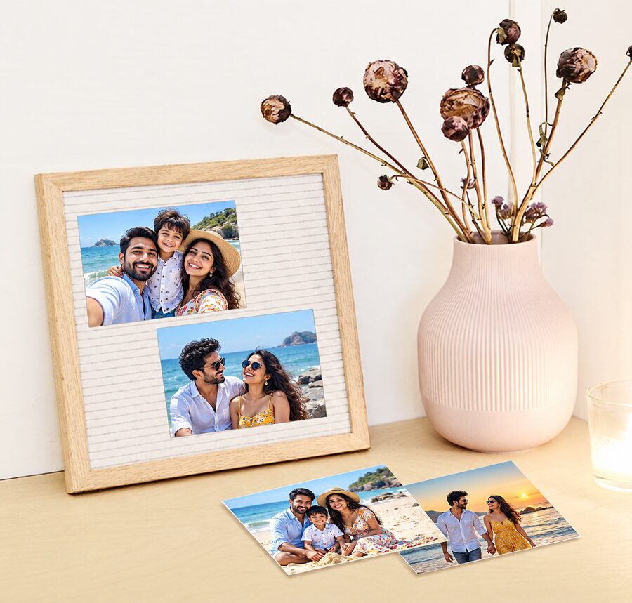 Family and couple photo prints in a wooden frame and on a tabletop beside a pink vase.