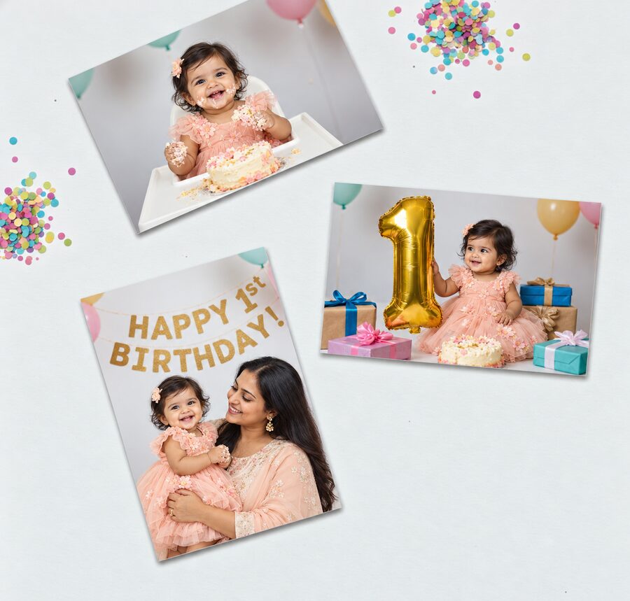 First-birthday photo prints showing a baby girl with cake, gifts and her mother.