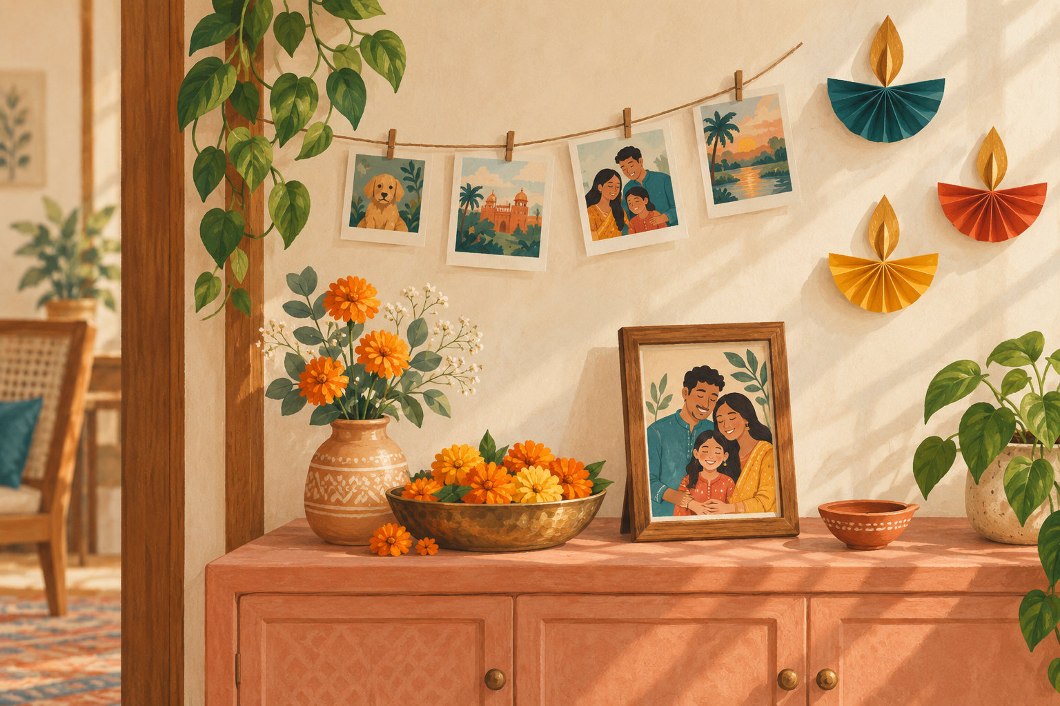 Illustrated Diwali corner with family photo prints, a frame, flowers and paper diyas